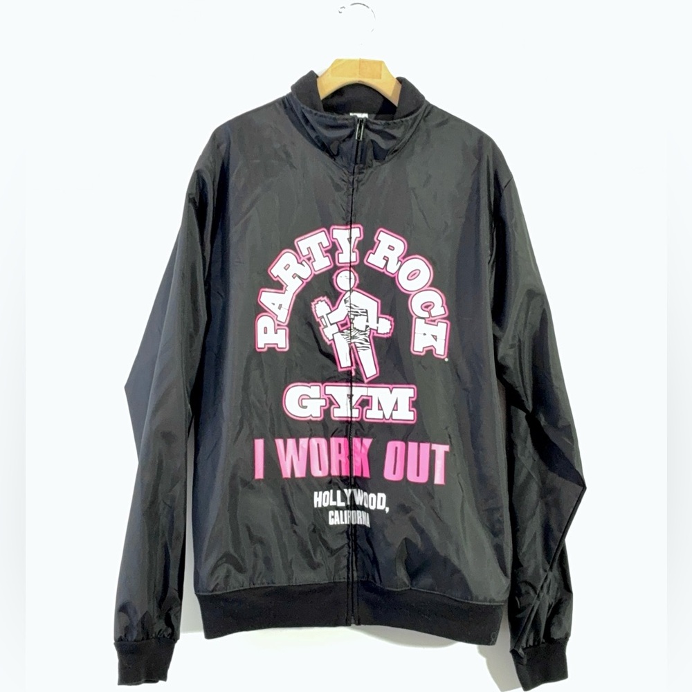 LMFAO Black Pink Party Rock Gym I Work Out Windbreaker Zip Up Jacket XL